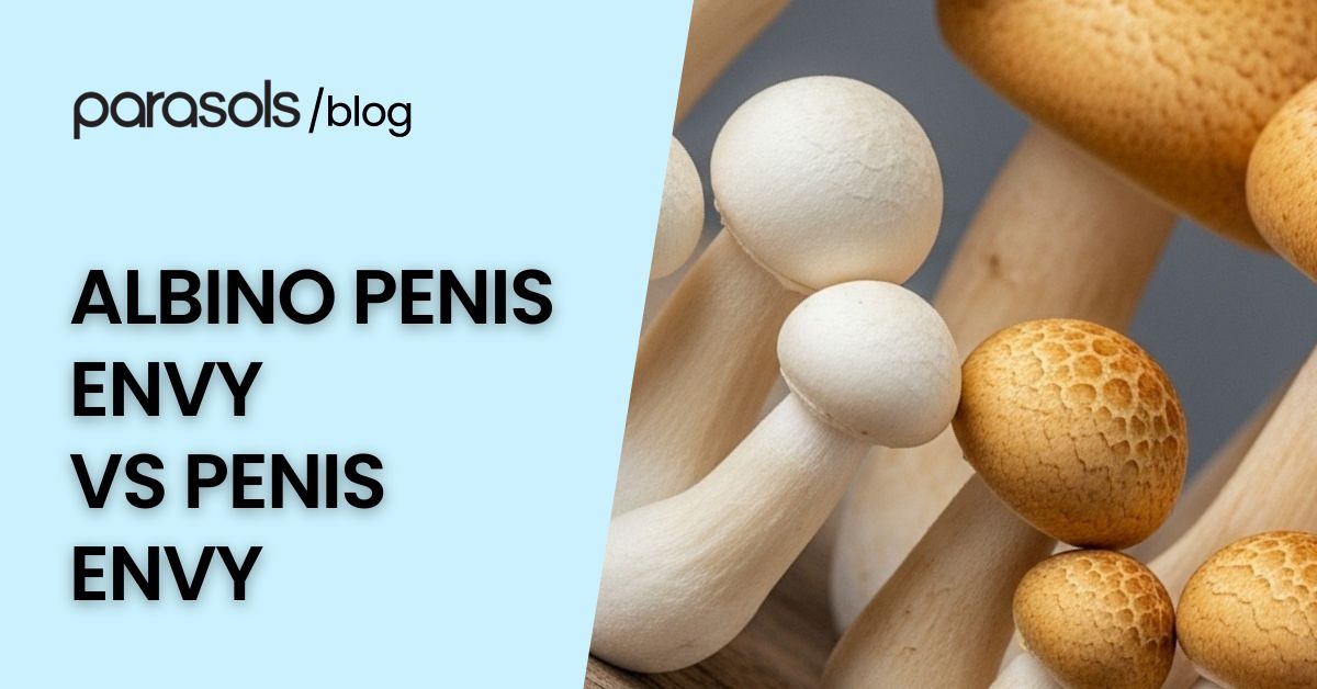 Mixture of albino penis envy vs penis envy mushrooms showing unique color and shape differences in one realistic comparison image.