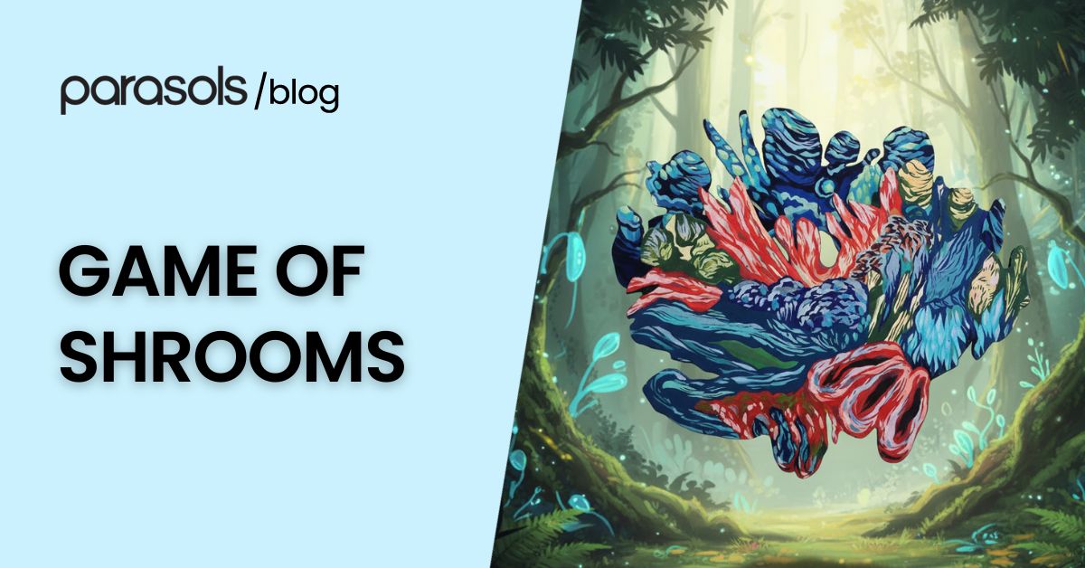 Colorful abstract mushroom artwork in a mystical forest, representing the Game of Shrooms global art event that celebrates creativity, community, and discovery.