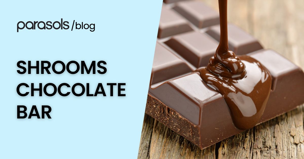 Featured image of a shrooms chocolate bar with melted chocolate pouring over squares, styled with blog text for a modern and engaging look